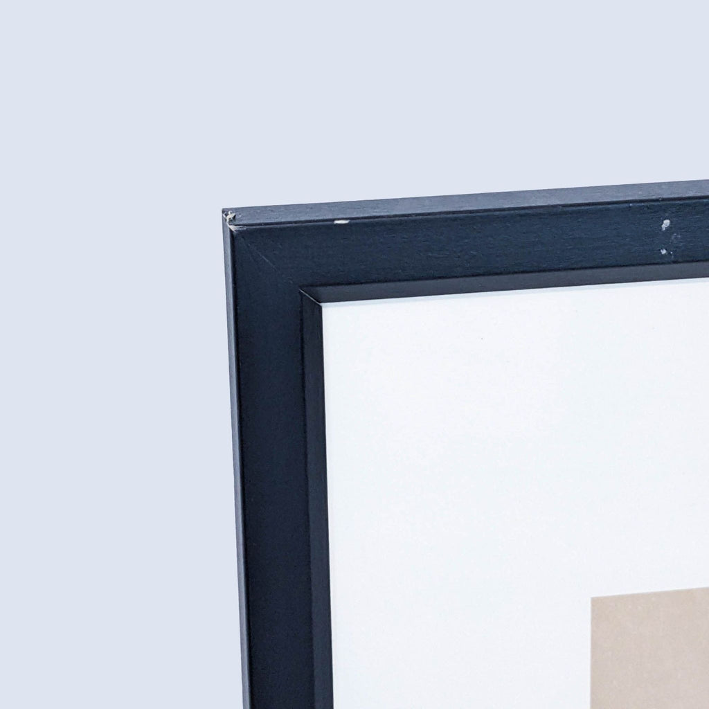 Close-up of black frame encasing a minimalist still life print.