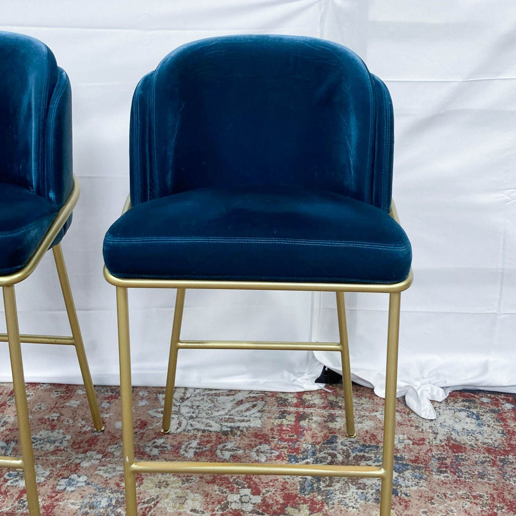 mid century modern velvet bar stools with gold metal legs - a pair for sale - image 7