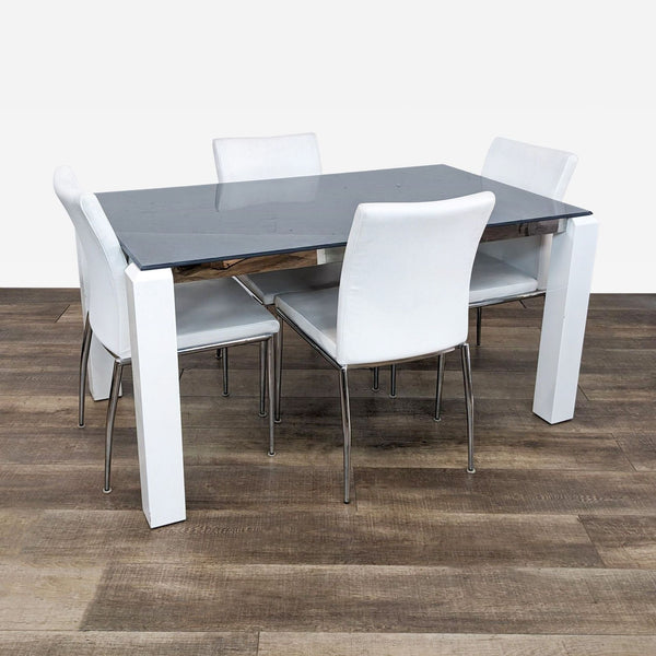 the modern dining table is made of solid wood and has a black base.