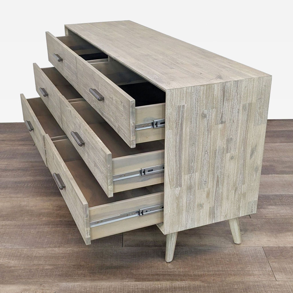 Side view of open drawers on Allen 6 Drawer Dresser, featuring a sand blasted finish and subtle handles.