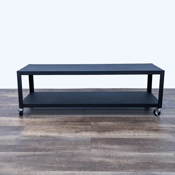 the coffee table is a modern coffee table with a black metal frame and wheels.