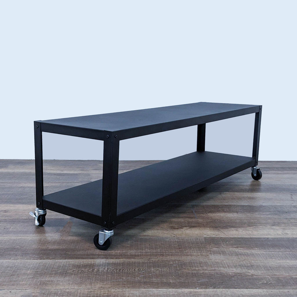 the coffee table is a modern coffee table with a black metal frame and wheels.