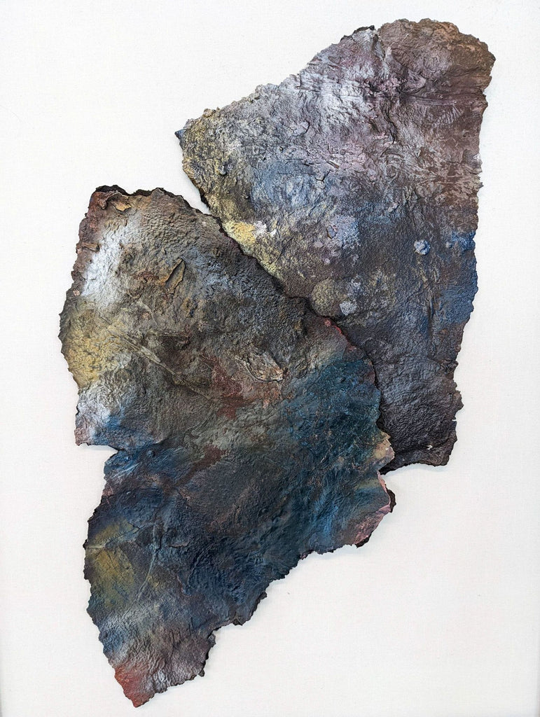 a painting of a piece of metal with a blue and yellow background