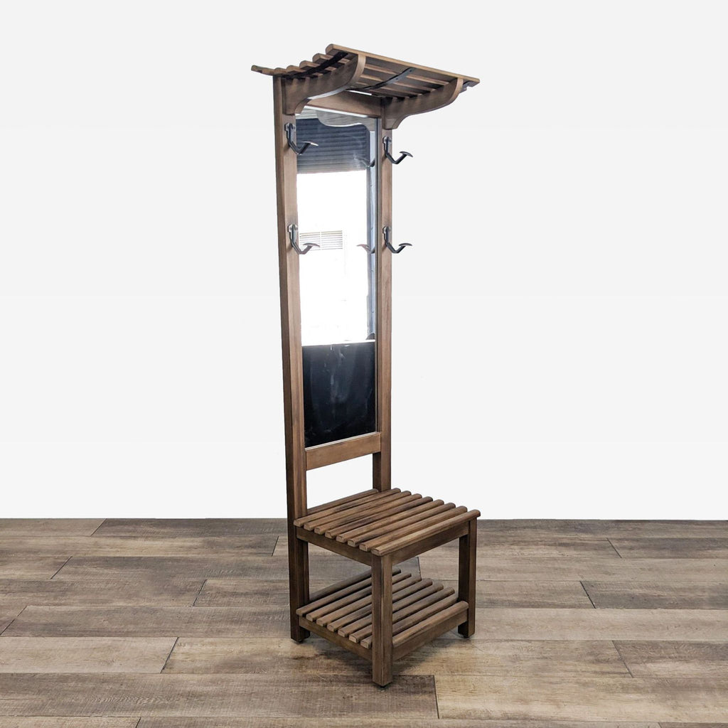 Wooden Hall Tree with Mirror, Hooks, and Bench