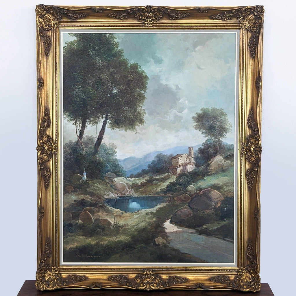 Italian landscape oil painting in ornate gold frame by Toni Bordignon.
