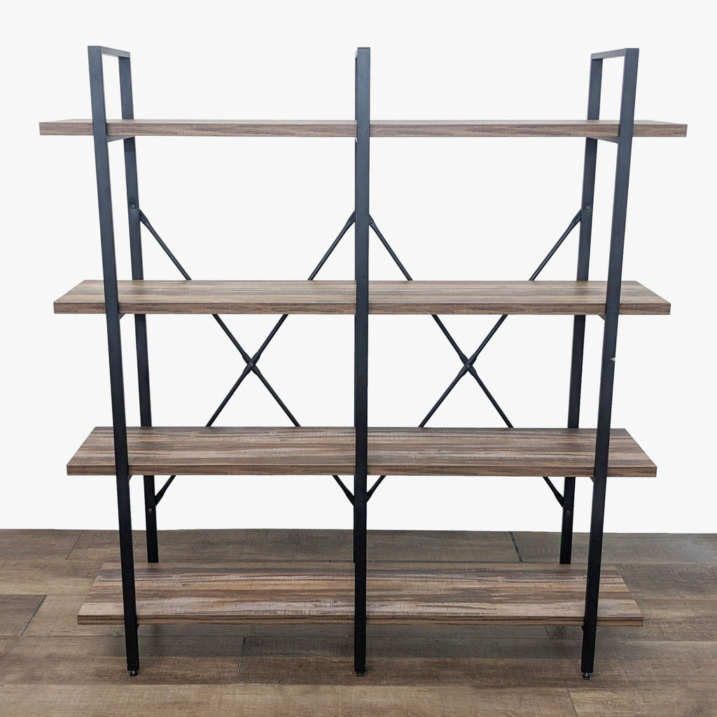 the industrial style shelving unit is made from metal and wood.