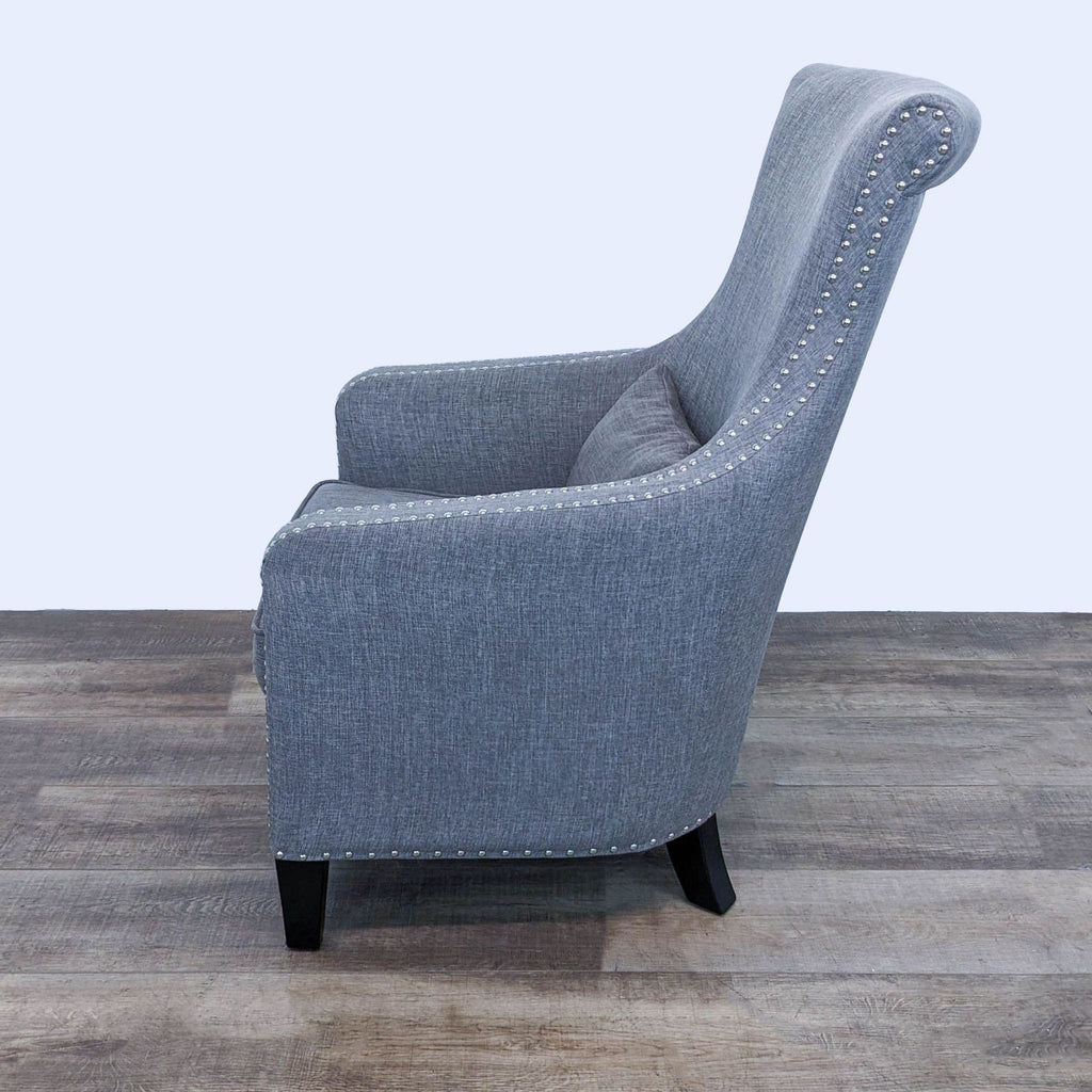 Contemporary Modern Gray Wingback Lounge Chair with Nailhead Trim