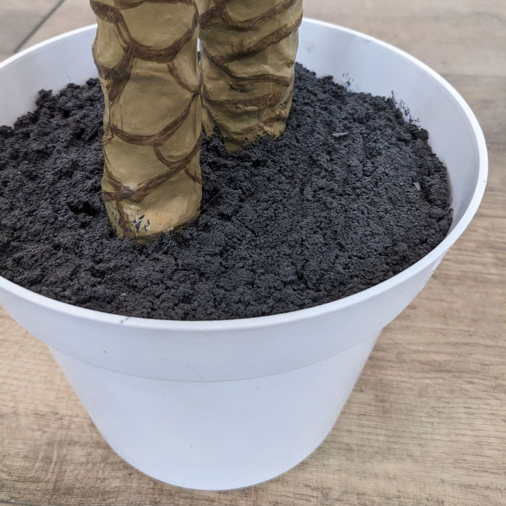 a small white bucket with a plant in it