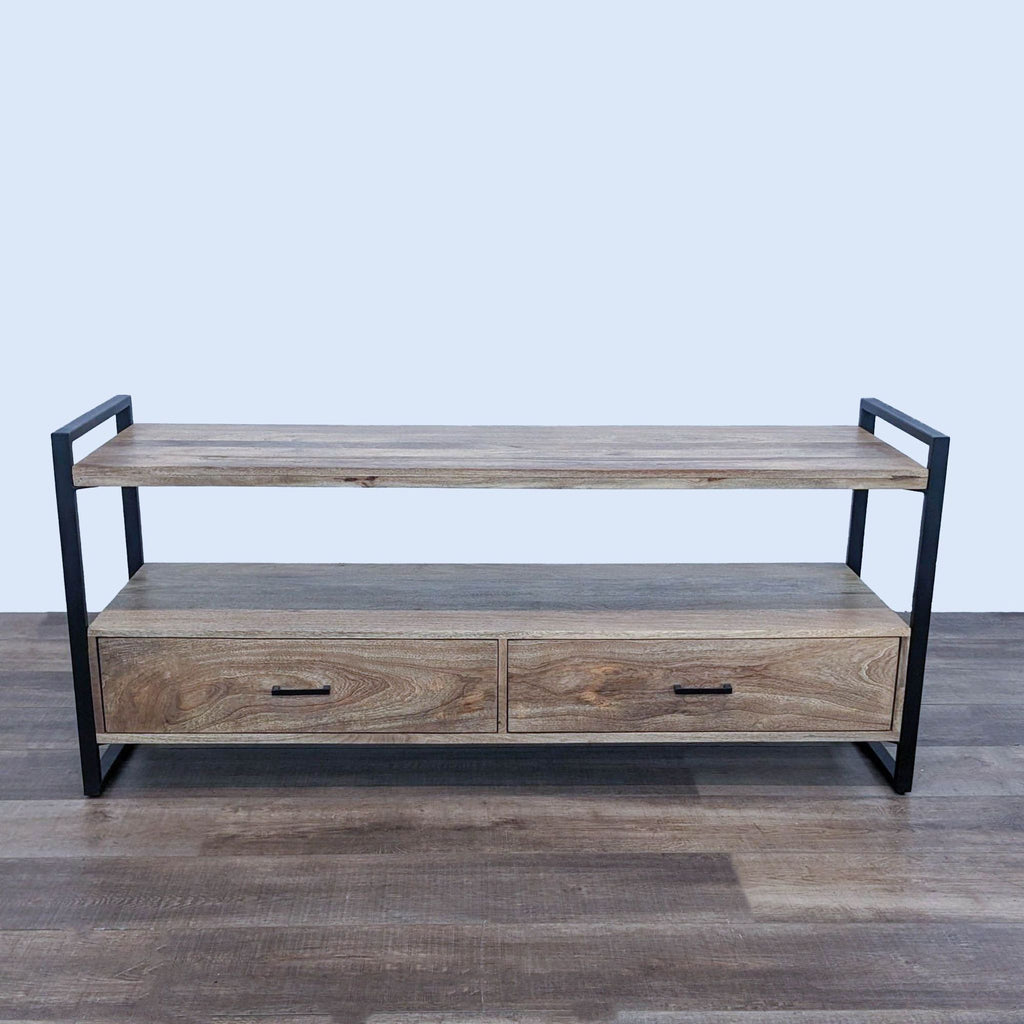 1. Simpli Home side and console table with mango wood shelves and metal frame, featuring two drawers and open storage.