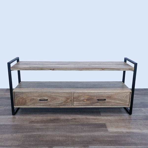 1. Simpli Home side and console table with mango wood shelves and metal frame, featuring two drawers and open storage.