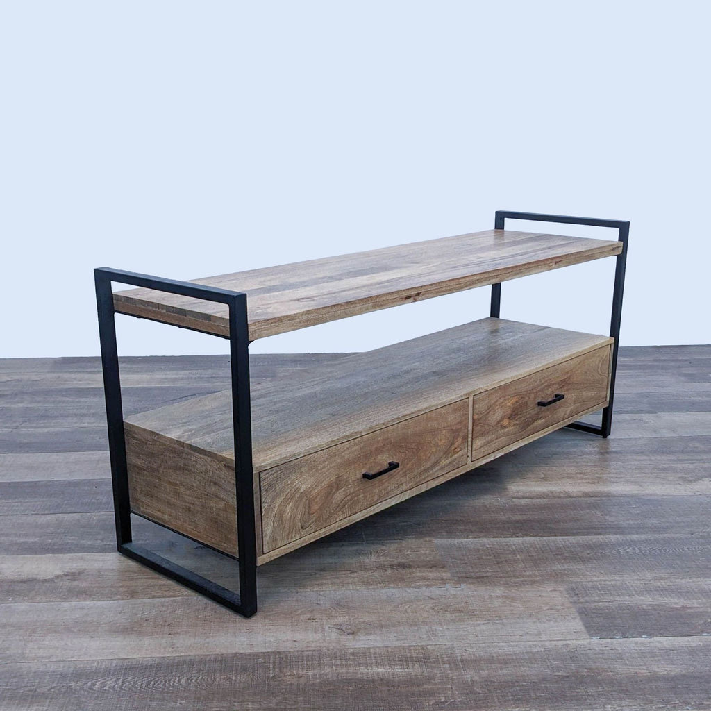 3. Modern Simpli Home side table made of mango wood and metal in a console style with double drawers for storage.