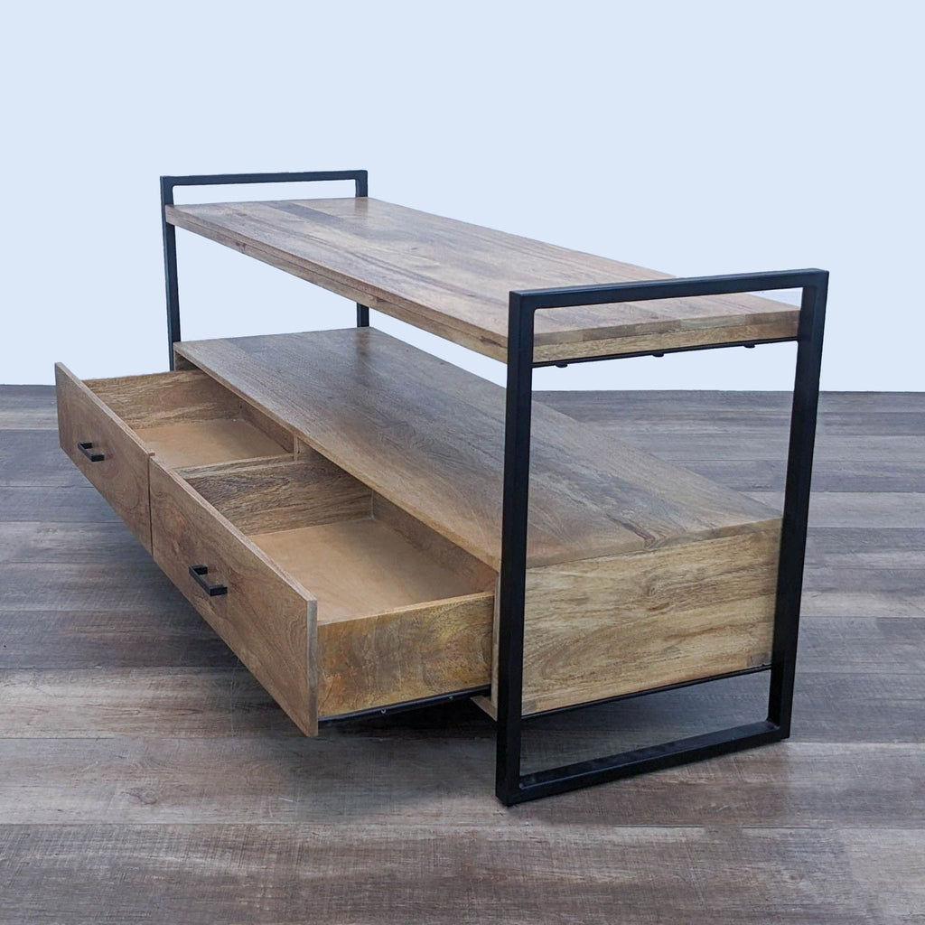 2. Simpli Home mango wood and metal console table with open shelf and two spacious pull-out drawers visible.