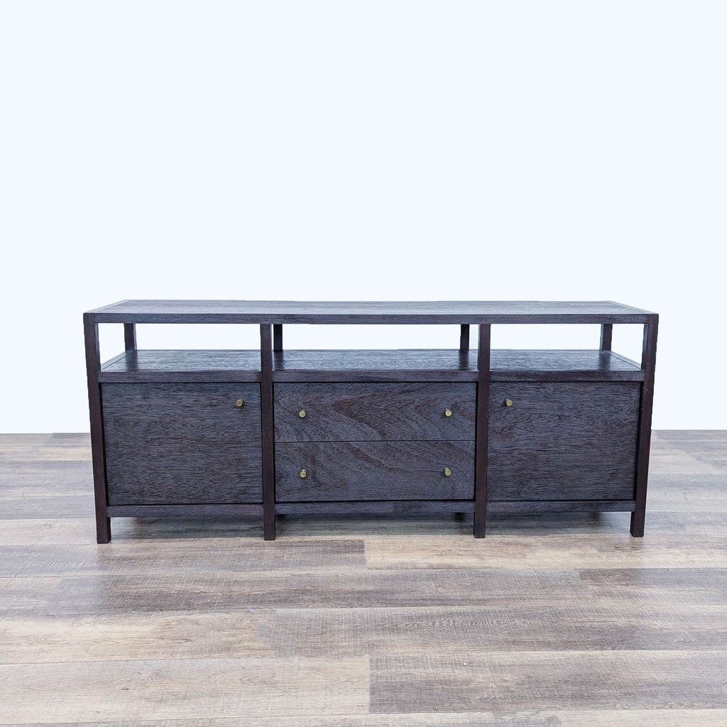 a vintage black wood and metal sideboard.