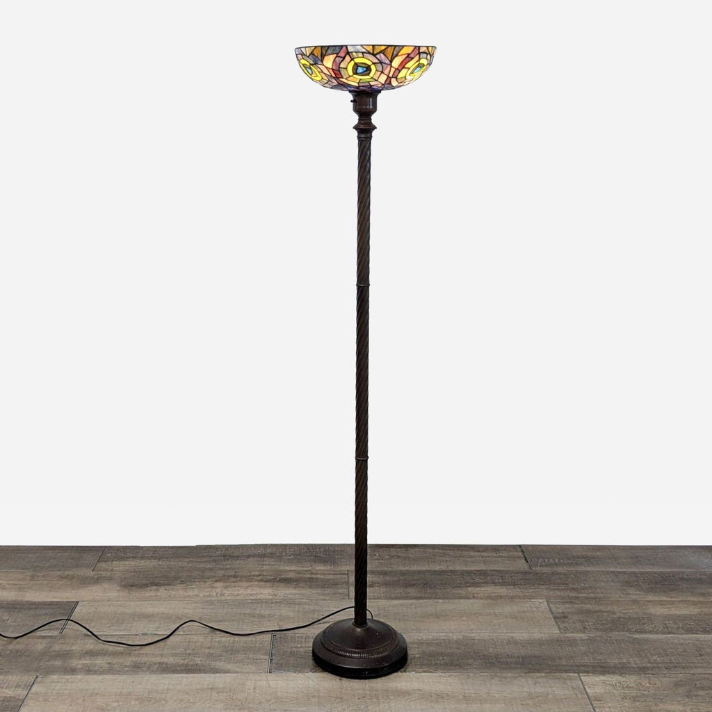 Tall Reperch lamp, elegant stained glass top, cord on floor.