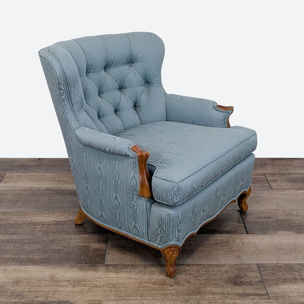 a vintage blue velvet wing chair