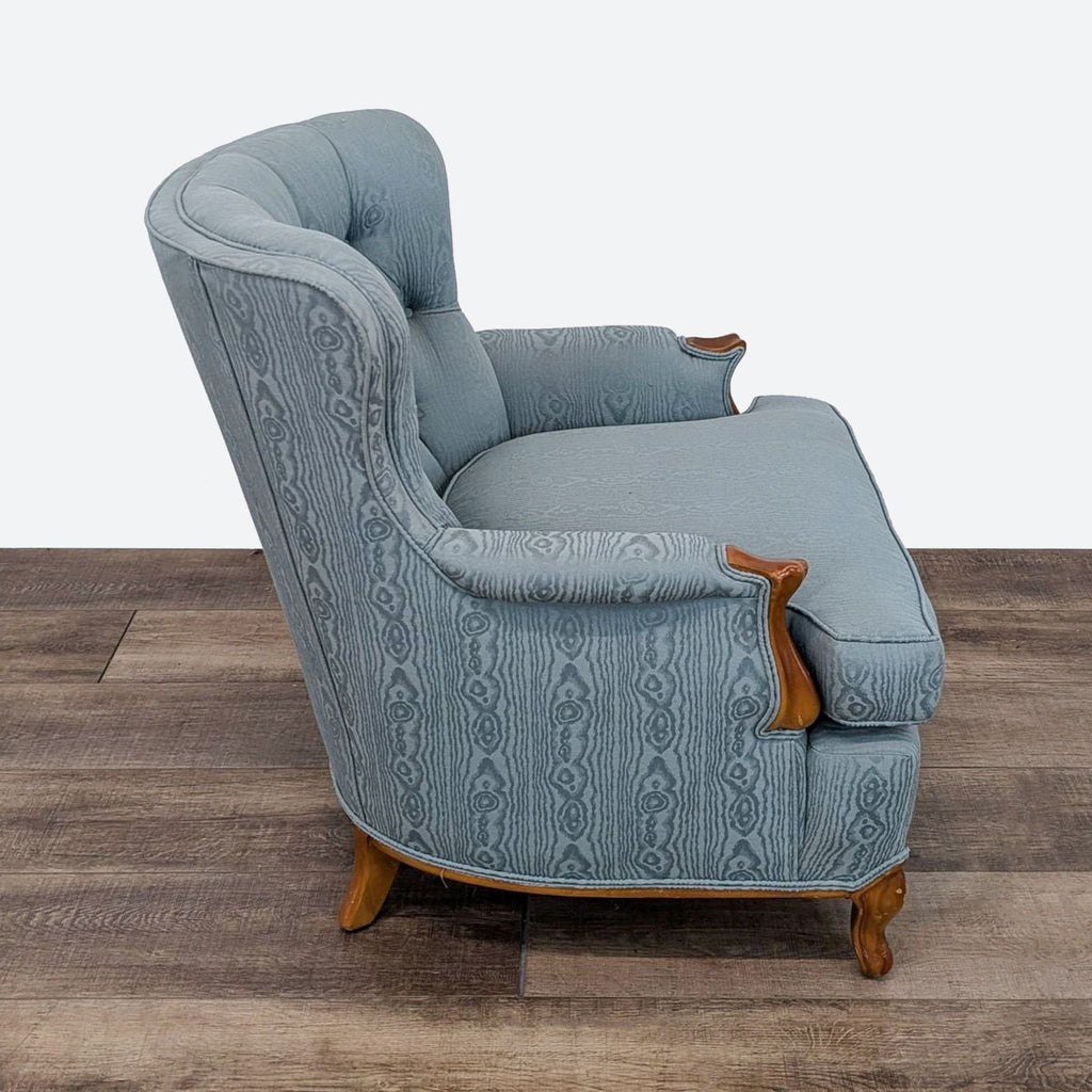 Vintage Blue Tufted Wingback Lounge Chair with Wooden Arms