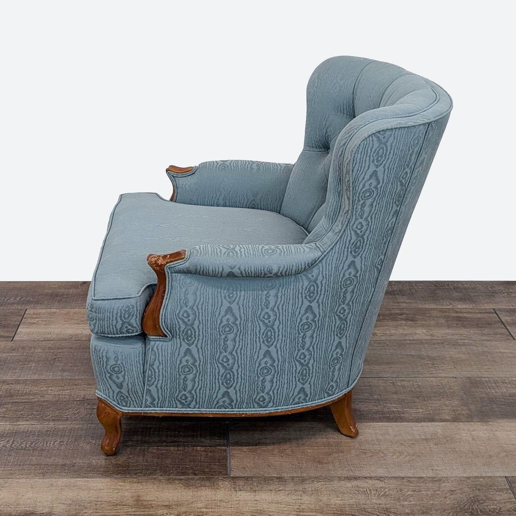 Vintage Blue Tufted Wingback Lounge Chair with Wooden Arms