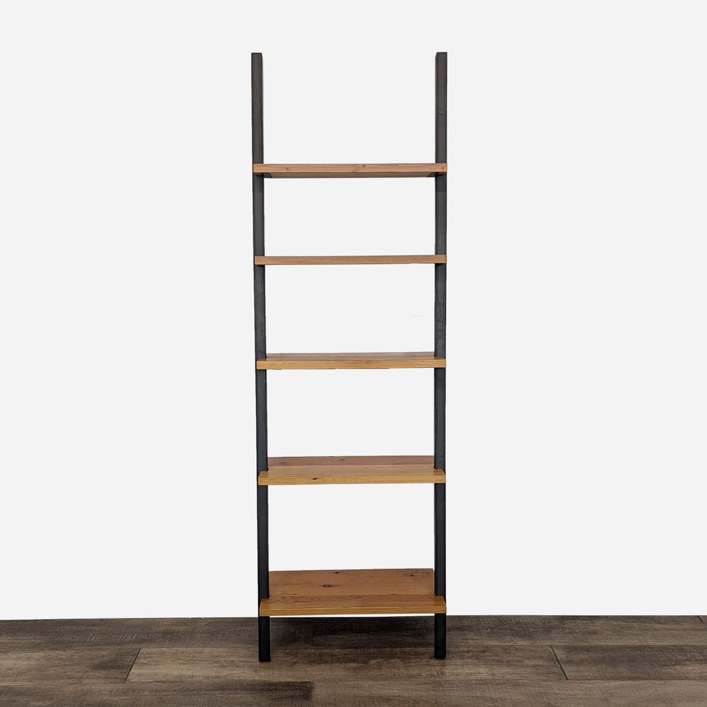 a tall, wooden bookcase with a metal frame and a wooden shelf.