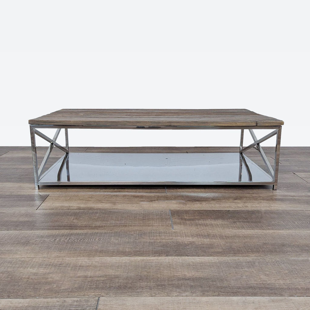 the coffee table is made from reclaimed wood and features a metal frame.