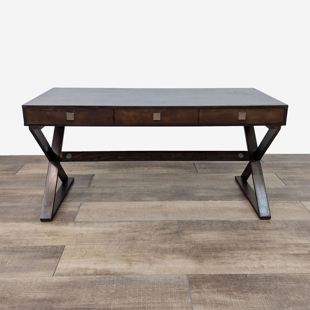 a desk with two drawers and a metal frame.