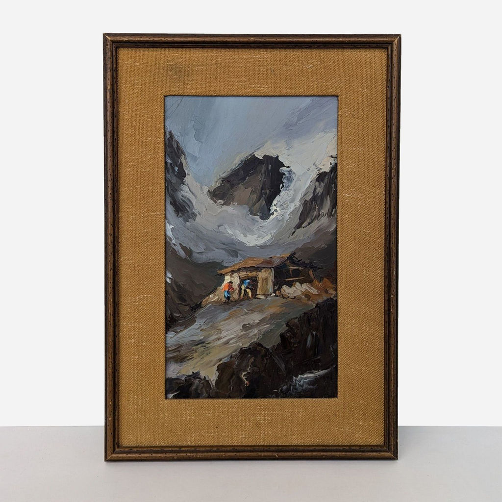 framed oil painting of a mountain hut