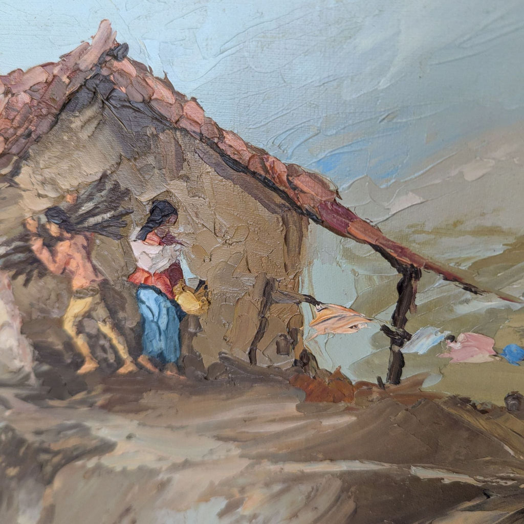 oil painting of a woman and a child in a hut