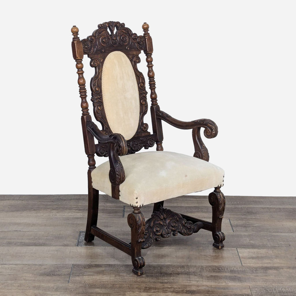 Vintage Carved Wood Accent Chair with Cushioned Seat