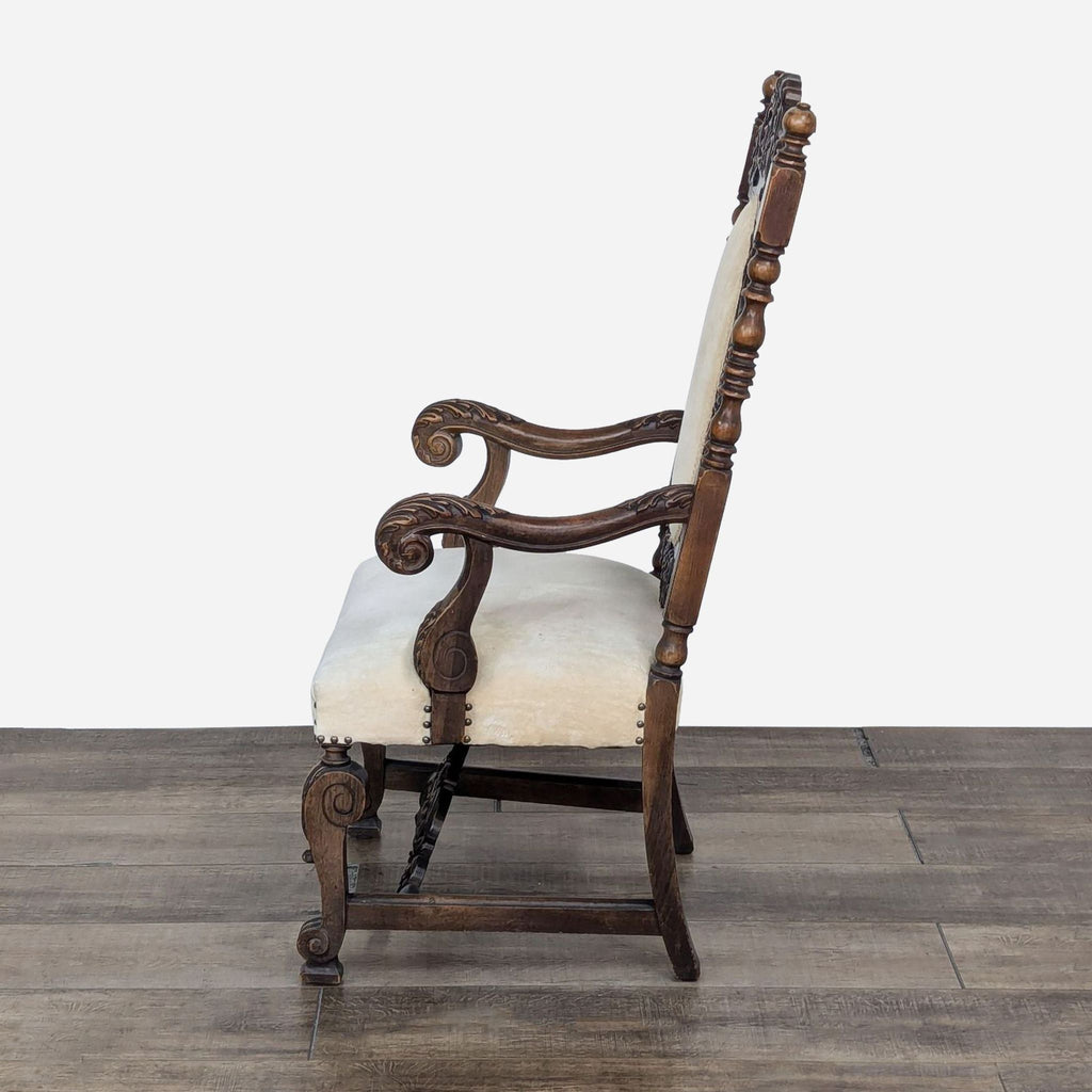 Vintage Carved Wood Accent Chair with Cushioned Seat