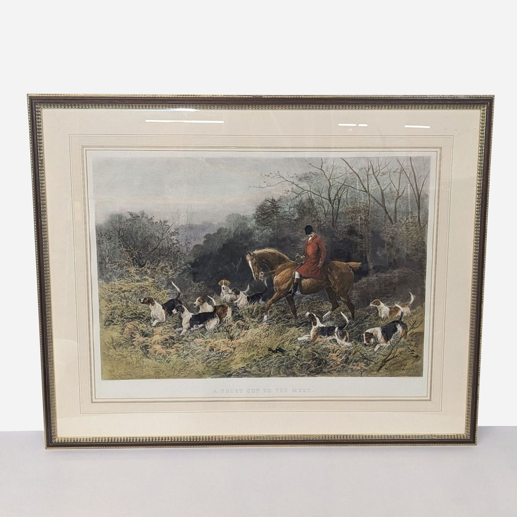 framed print of a hunting scene with a hunter and dogs