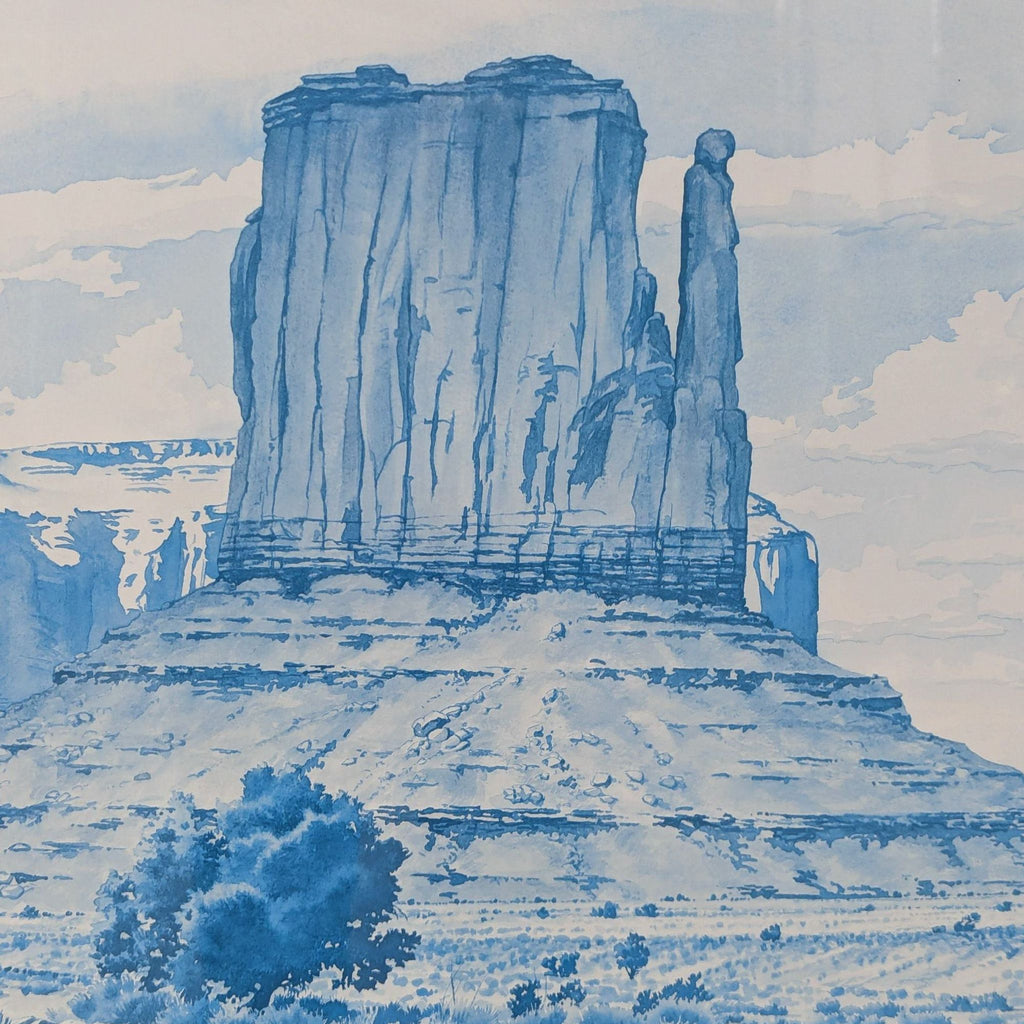 a blue and white landscape painting of a rock formation with a tall tower in the background.