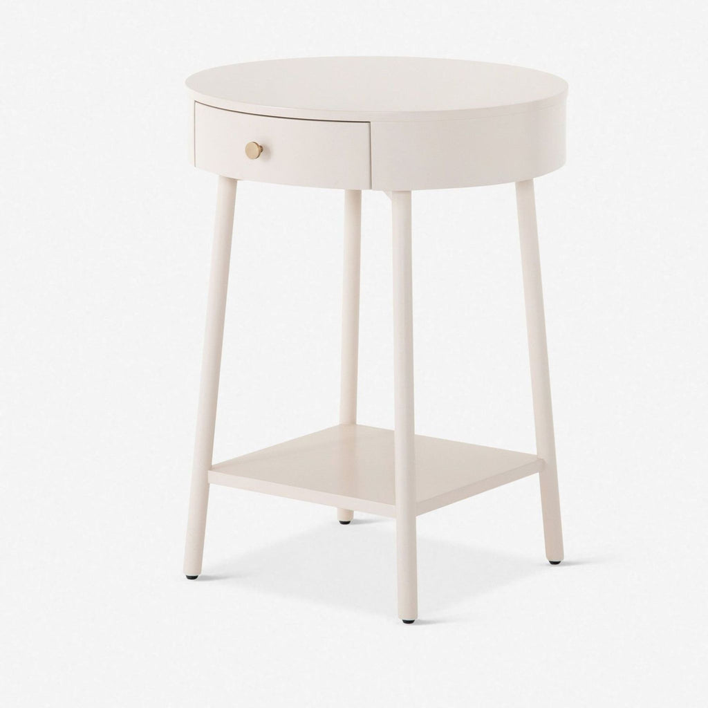 a white side table with a shelf on top.