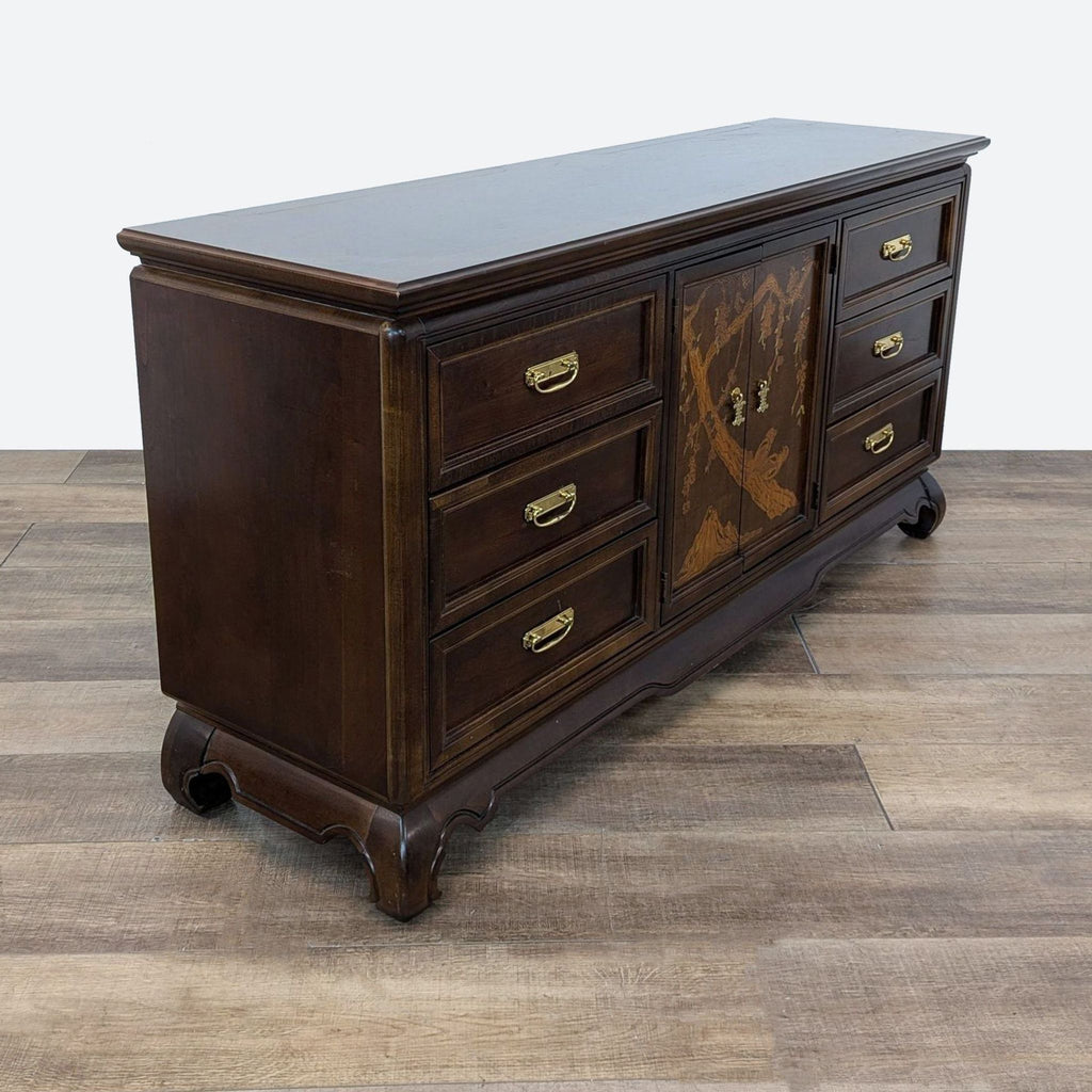 Dark Wood Dresser with Ample Storage and Ornate Asian Design