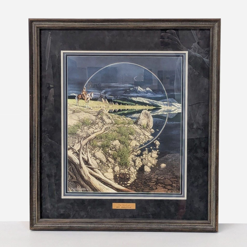 a framed print of a landscape with a lighthouse and a lake