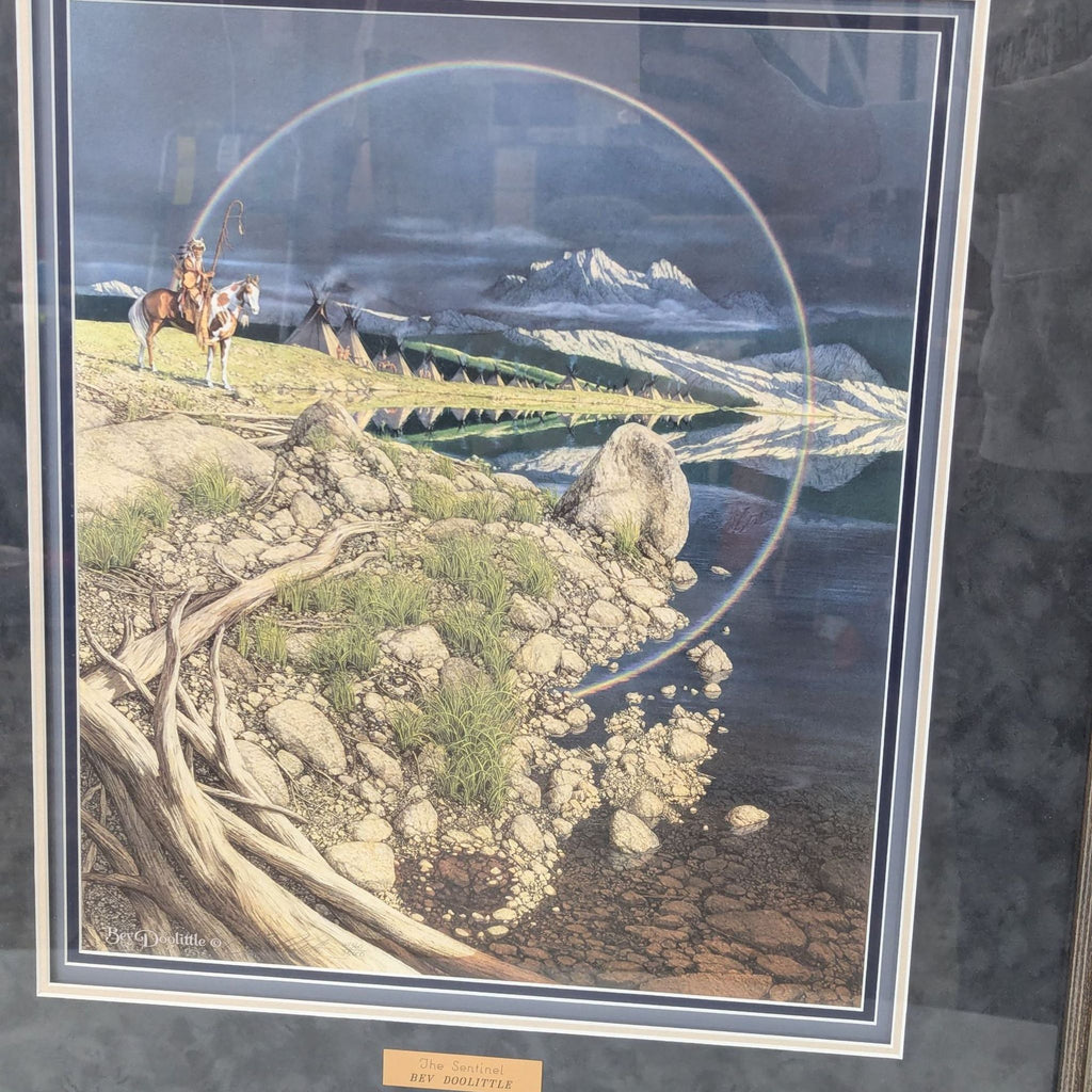 a painting of a mountain scene with a horse and a man on a horse.