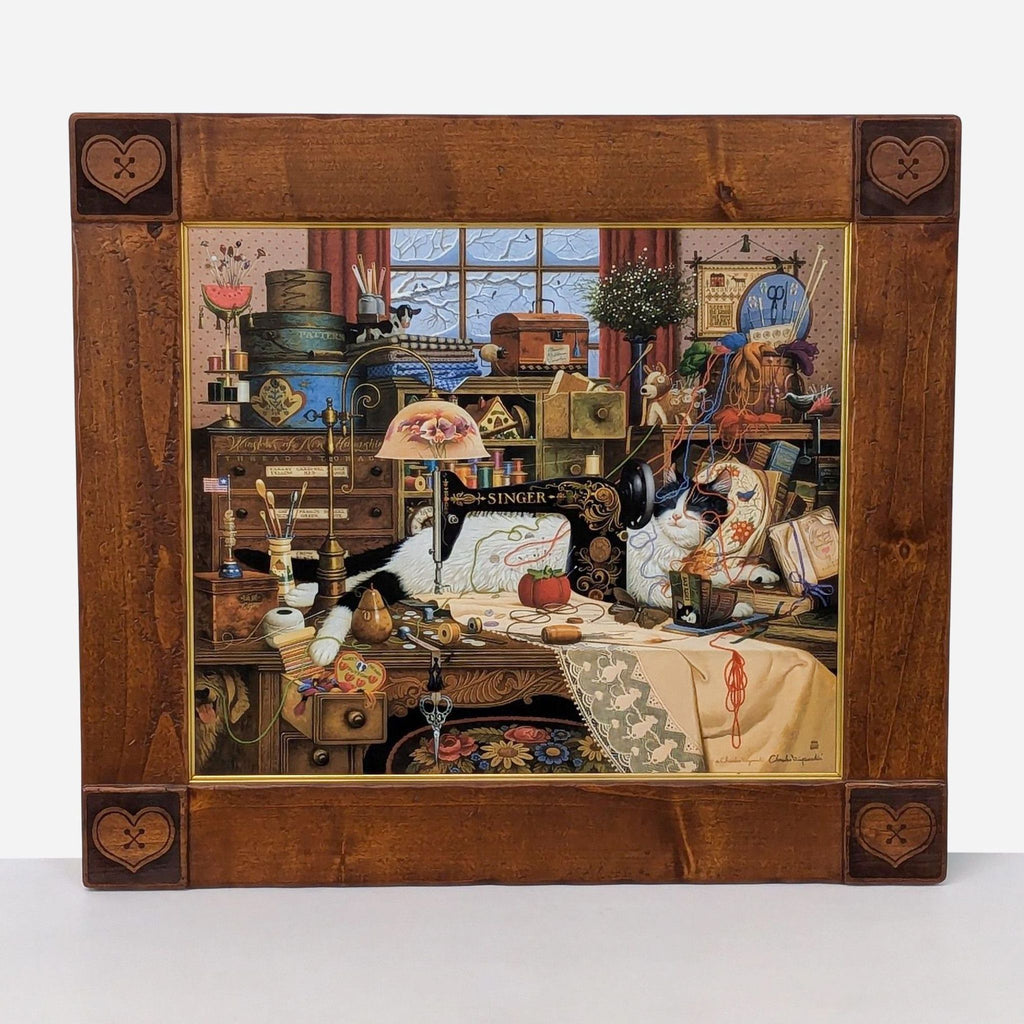 a framed print of a woman's room with a woman's room in the background.