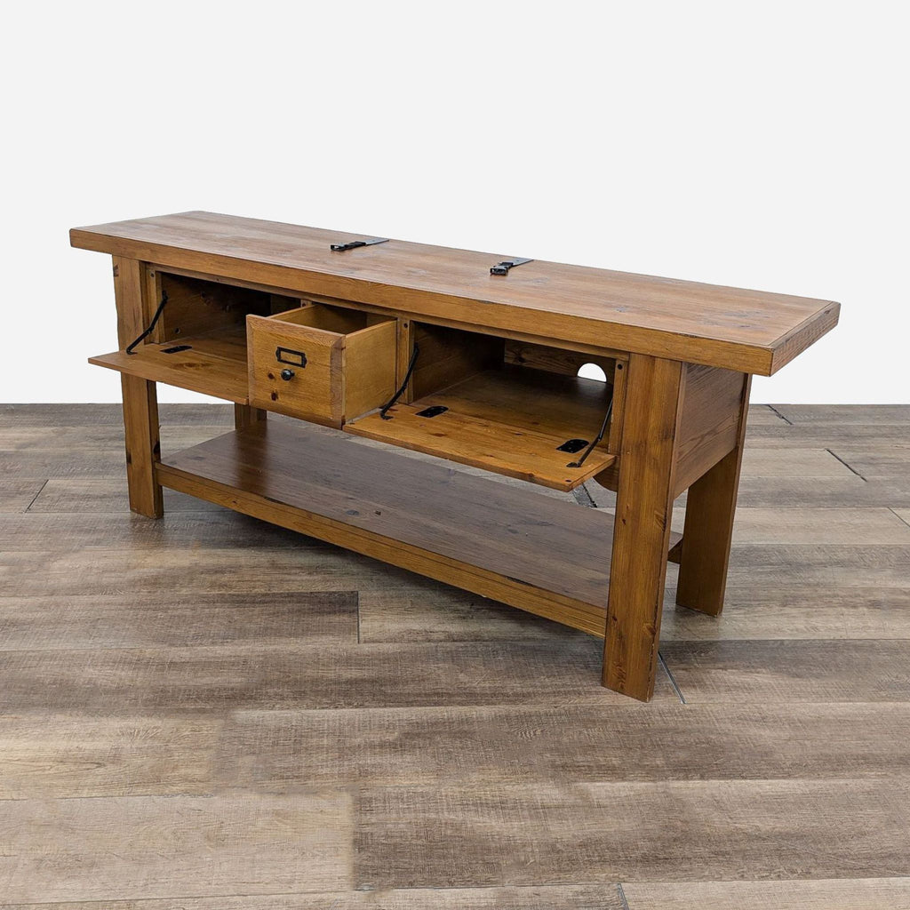 a large, solid wood coffee table with two drawers.