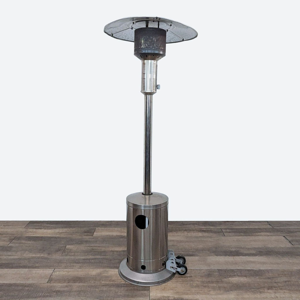 the outdoor heater is made of stainless steel and has a metal base and a metal base.