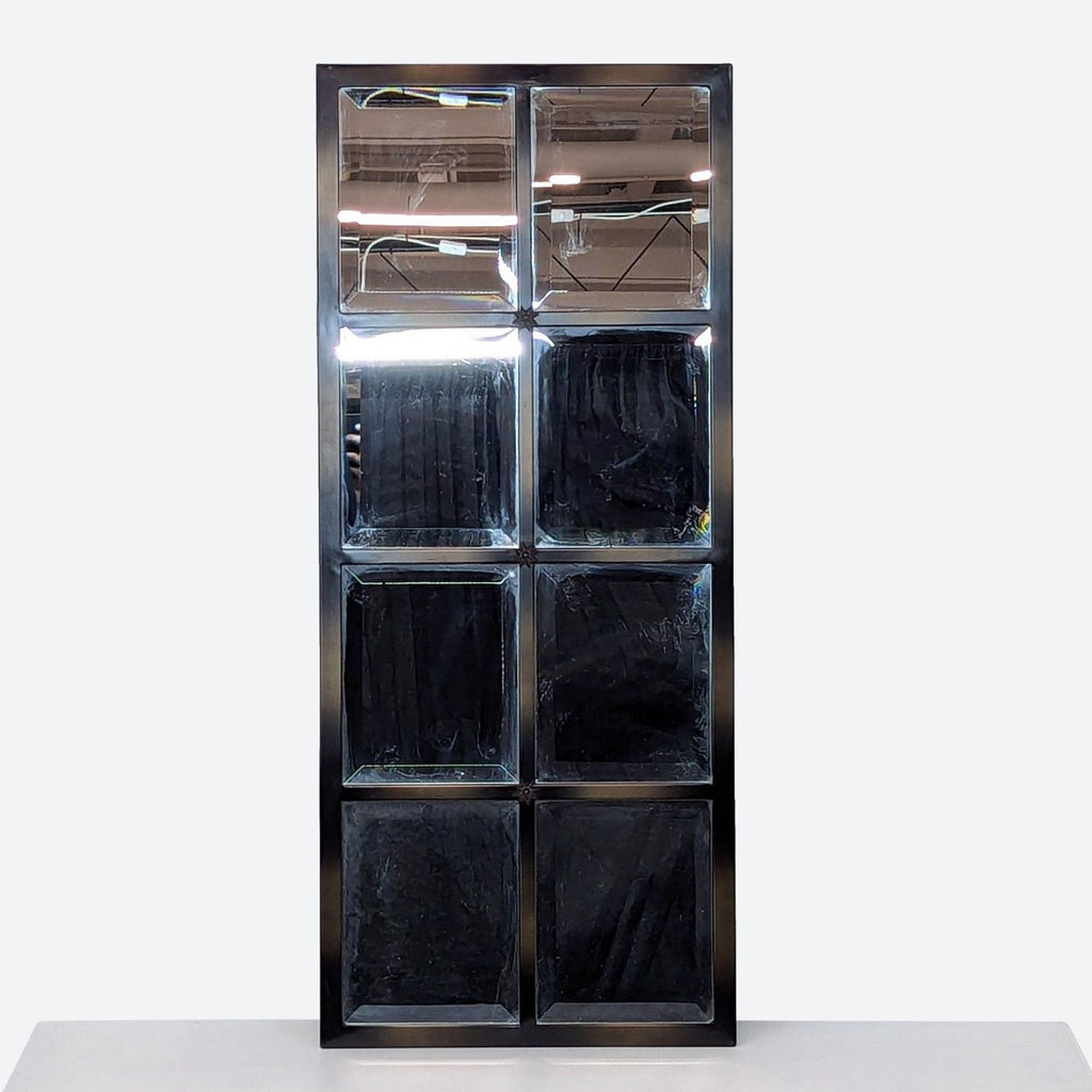 a tall, black, glass - fronted cabinet with a rectangular glass panel.