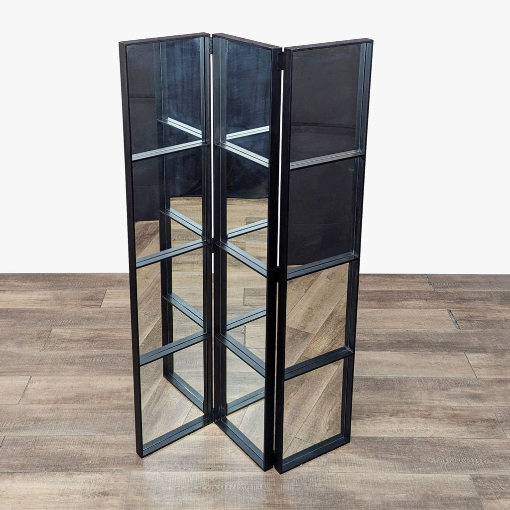 a vintage black glass bookcase with a shelf.