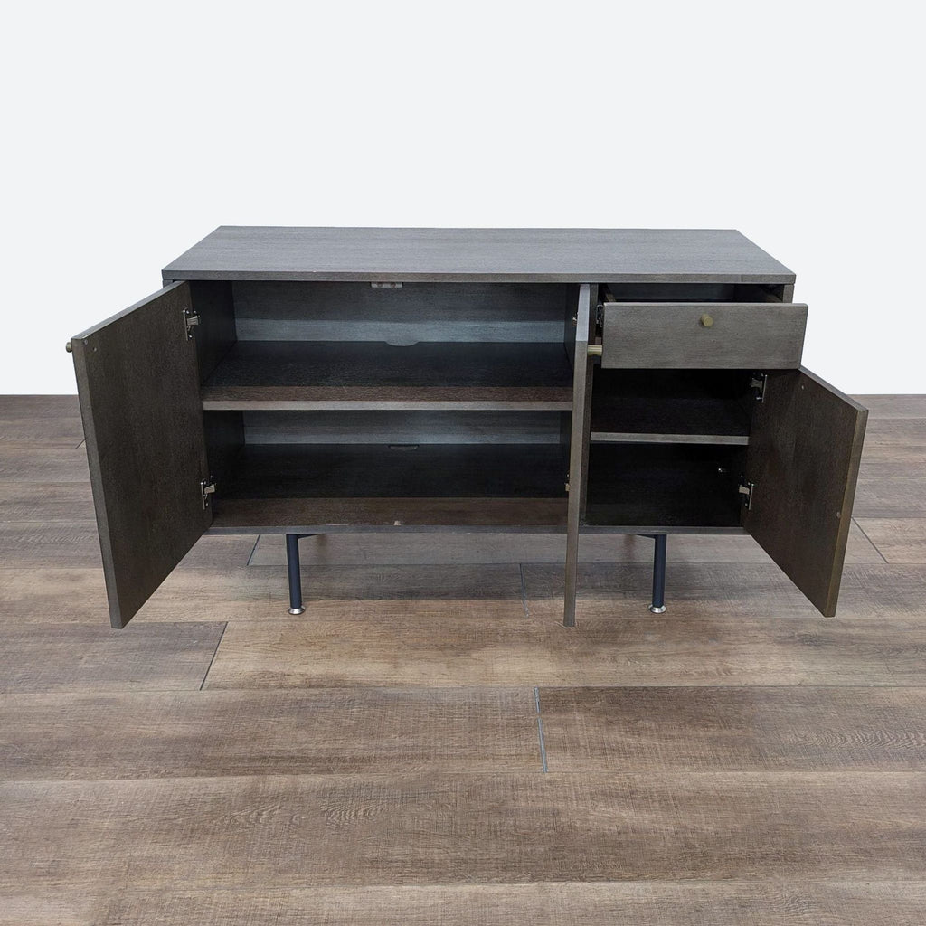 a [ unused0 ], 1960s, black lacquer, metal and wood sideboard.