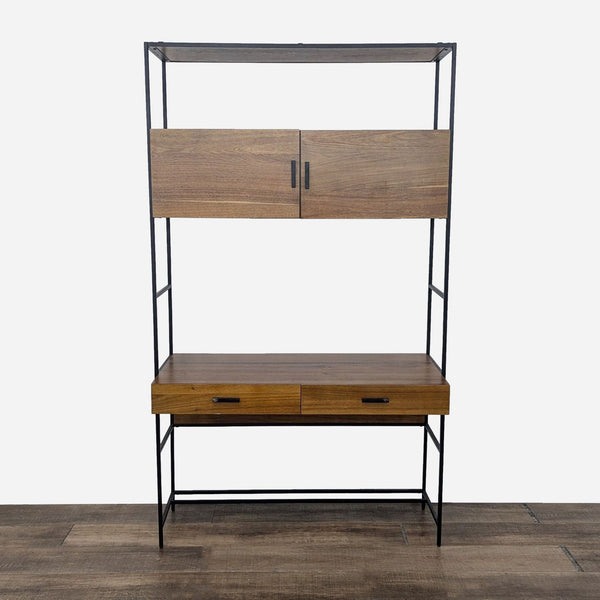 a metal and wood shelf with a drawer and a shelf.