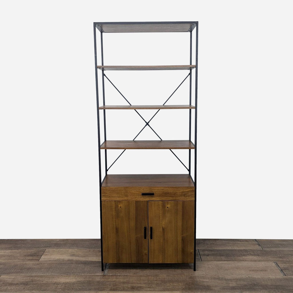 a tall, industrial - style bookcase with a metal frame and a shelf.