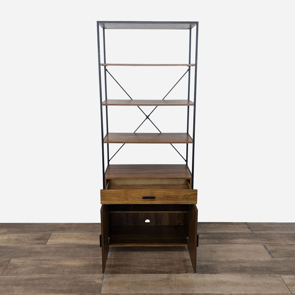 a tall, industrial - style bookcase with a metal frame and a shelf.
