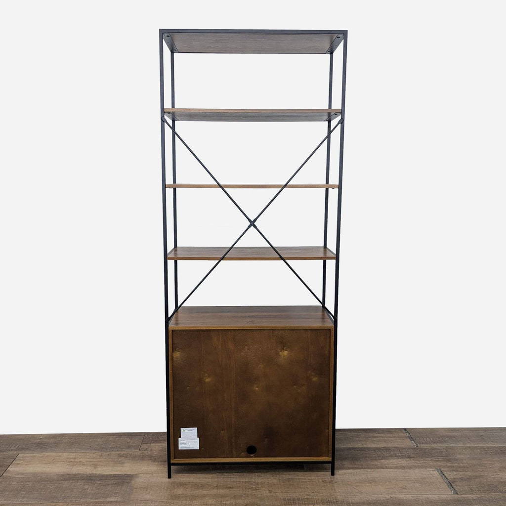 a large industrial style bookcase with a metal frame and a shelf.