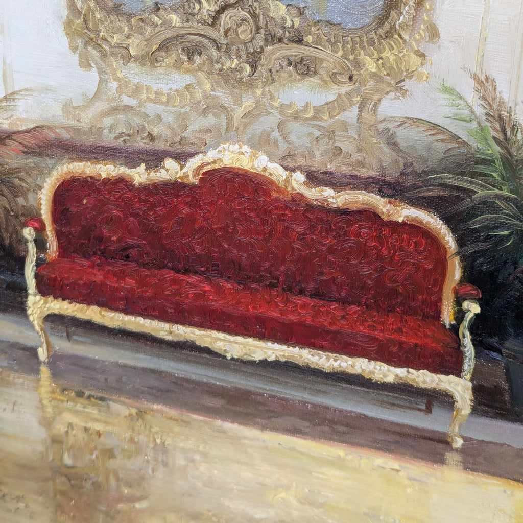 a painting of a red sofa