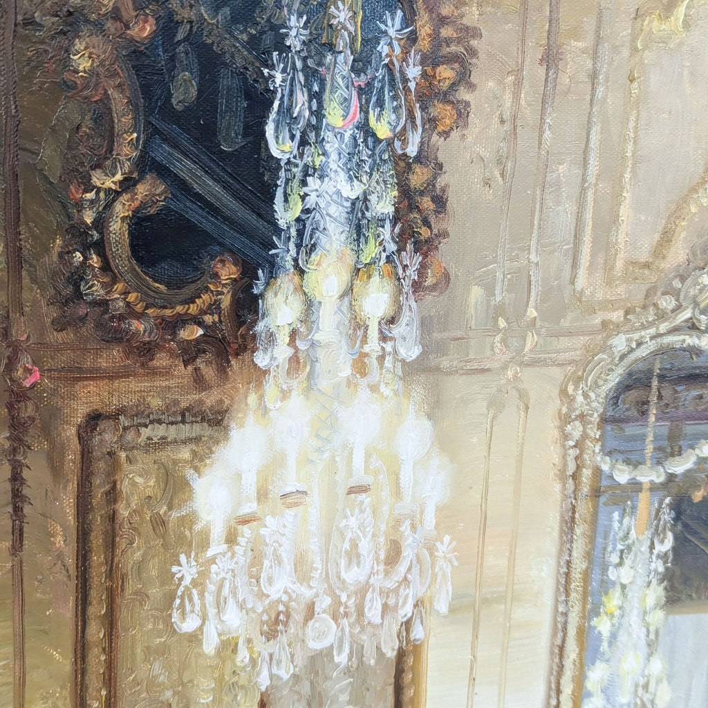 a painting of a chandelier hanging from a ceiling.