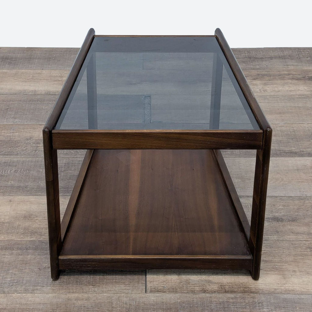 a walnut and glass coffee table