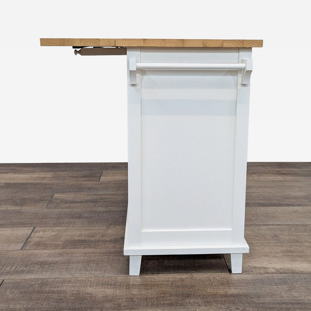 a white painted wood and metal desk with a wooden top