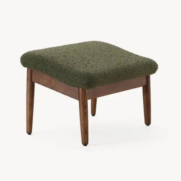 a green fabric ottoman with a dark brown seat.