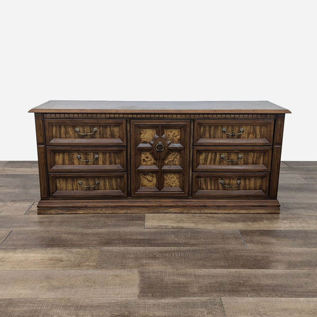 Vintage Wooden Dresser with Central Cabinet and Detailed Drawers